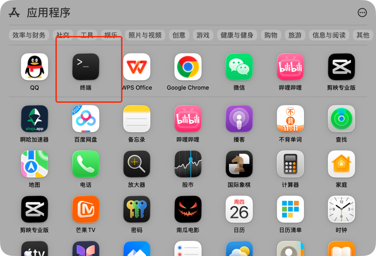 MacOS 应用程序列表，标注终端位置